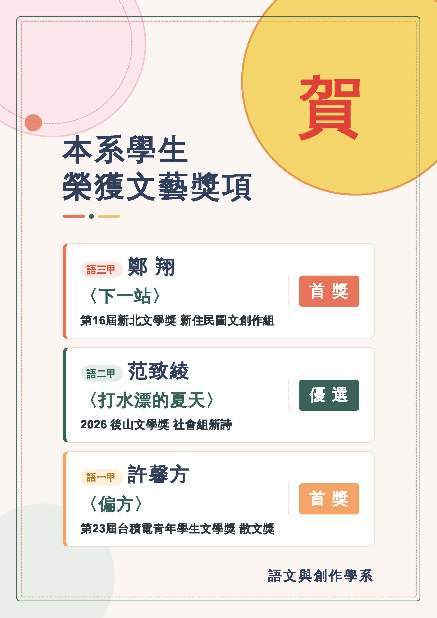 賀！本系學生榮獲文藝創作獎項！
